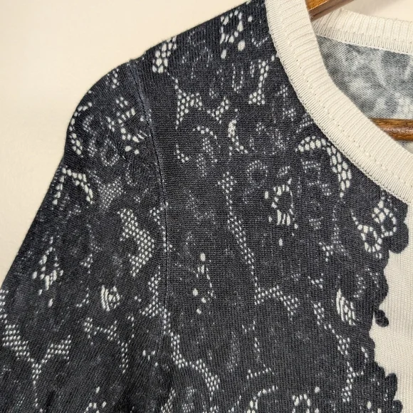 VINTAGE Nieman Marcus Rayon Black Lace Print & Ivory Knit Cardigan Sweater - Picture 2 of 7